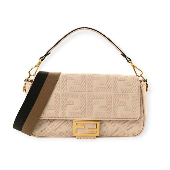 FENDI Logo FF Baguette Canvas Embroidered Strap Shoulder Bag Purse Crossbody - Picture 1 of 10